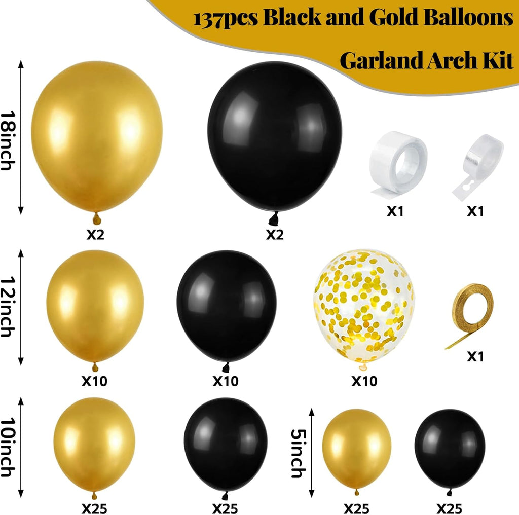 Black and Gold Balloon Arch Kit - 137-Piece Metallic Latex Balloon Garland for Birthday Parties, Weddings, Anniversaries, and Graduations