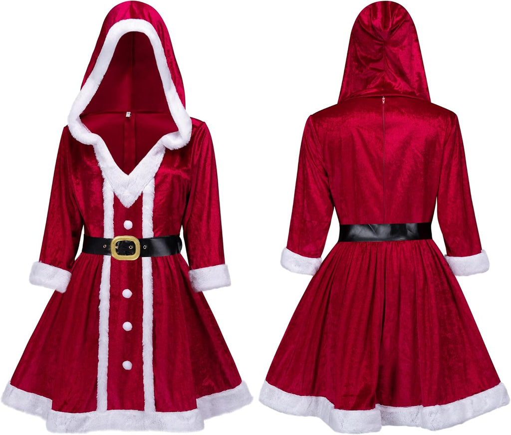 Women's Mrs. Claus Christmas Costume Set with Hooded Dress and Belt