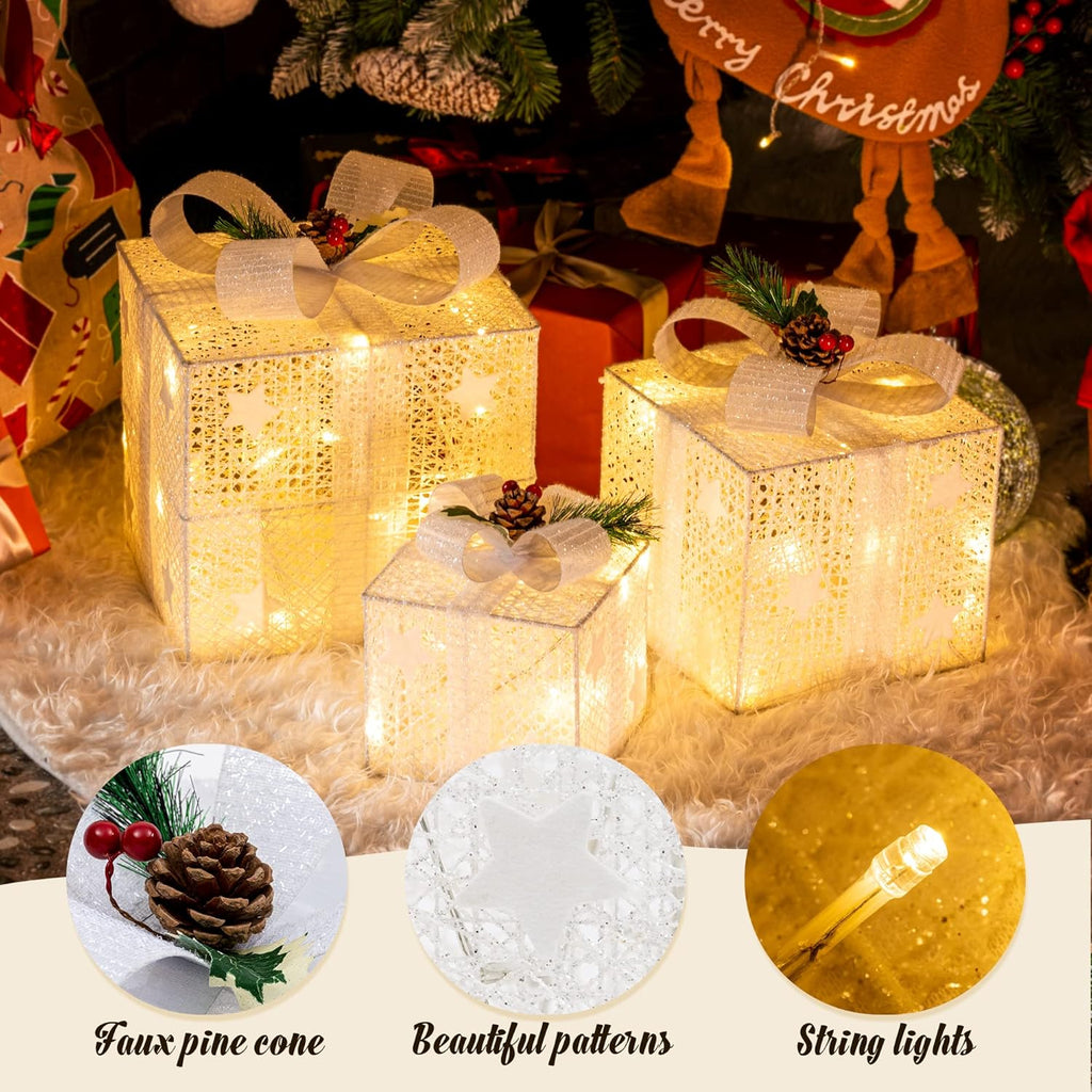 Set of 3 Christmas Lighted Gift Boxes, 60 LED Light up Present Boxes, 8 Modes Christmas Parcels Lights with Bow for Party, Home, Tree Decoration (White)