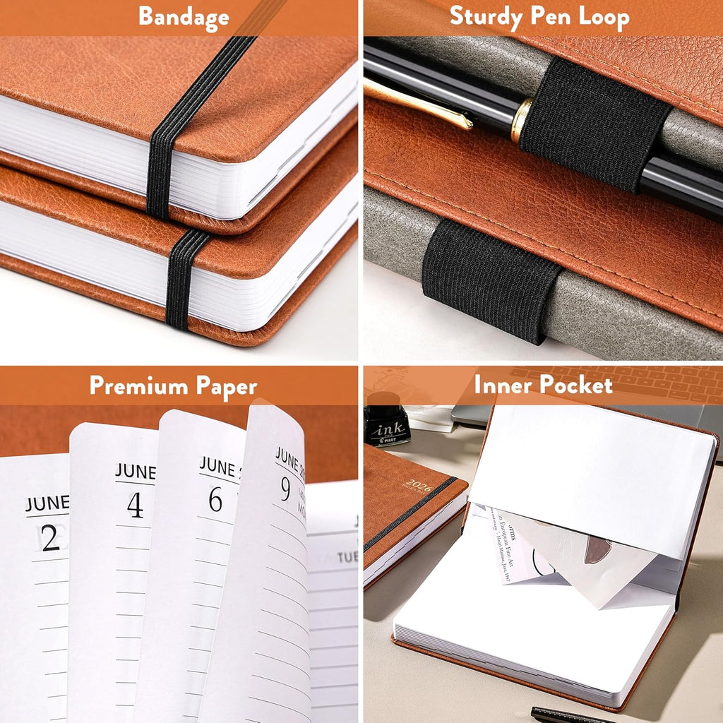 2026 A5 Daily Diary - Lined Page Per Day, January to December, Faux Leather Hardcover with Pen Loop and Elastic Closure, Brown