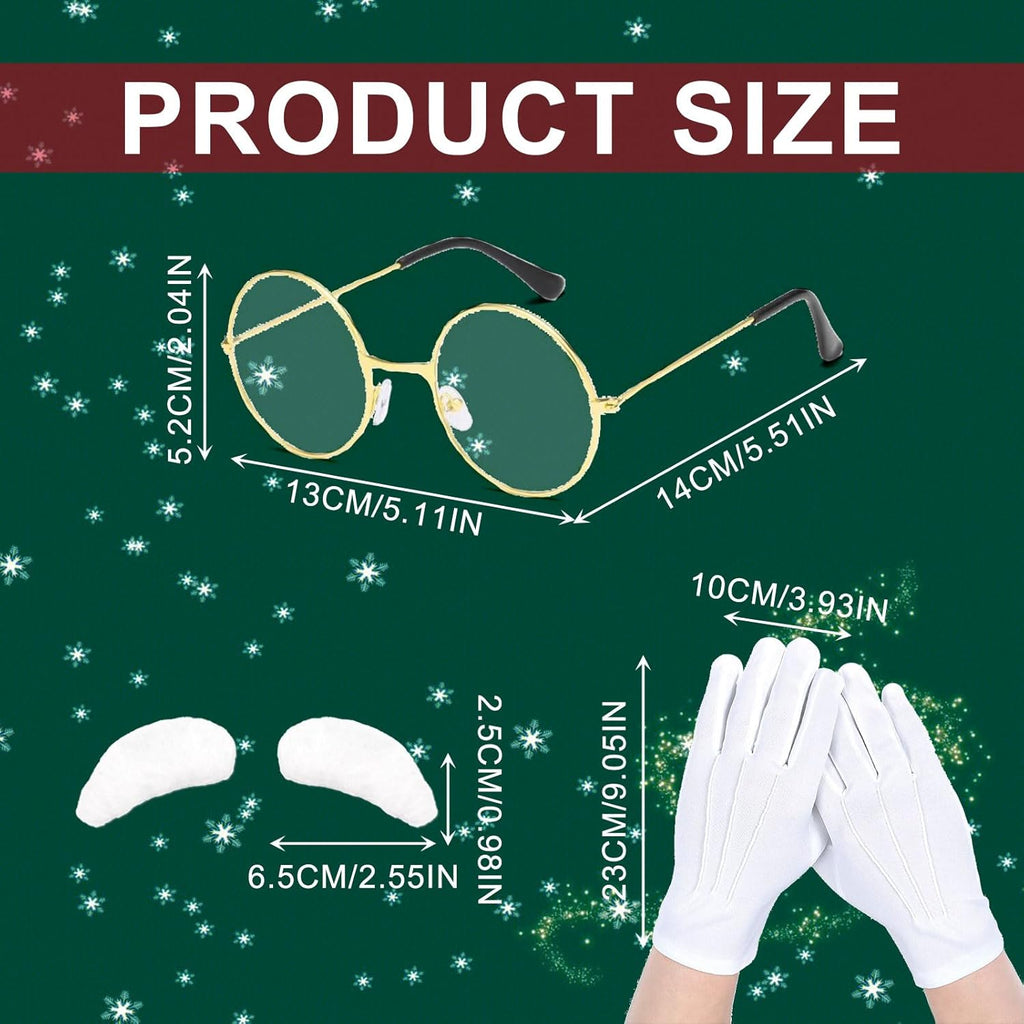 Santa Claus Accessory Set - 3 Piece Eyebrows, Glasses, and Gloves for Christmas Cosplay (White)