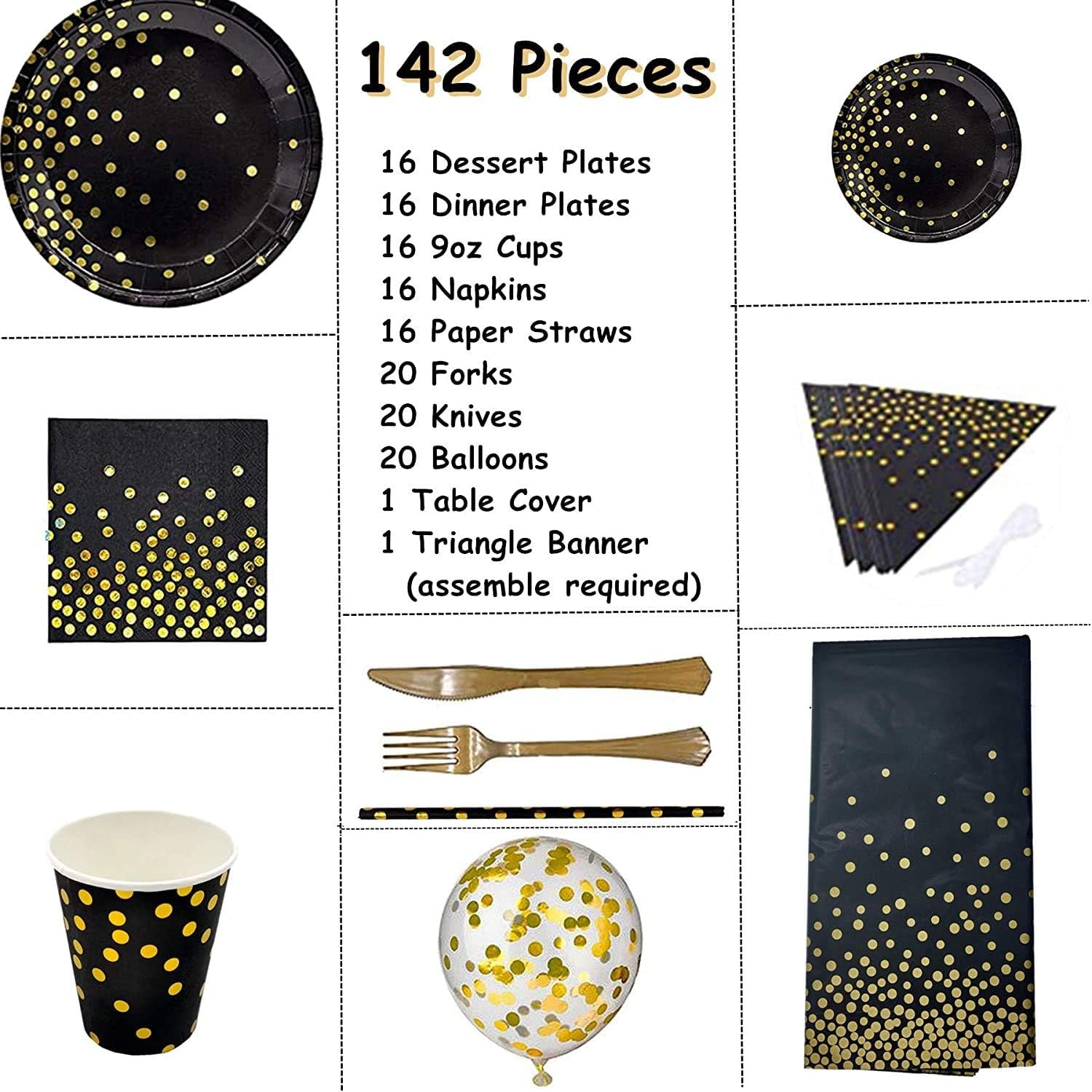 142-Piece Black and Gold Party Supplies Set, Featuring Golden Dot Dinnerware, Includes Black Paper Plates, Napkins, Cups, and Gold Cutlery for Graduation, Birthdays, and Cocktail Events