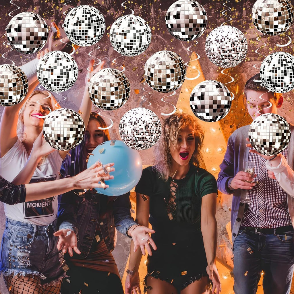 24-Piece Silver Disco Ball Decoration Set for 70s and 80s Themed Parties, New Year's Eve Celebrations, and Atmosphere Enhancement