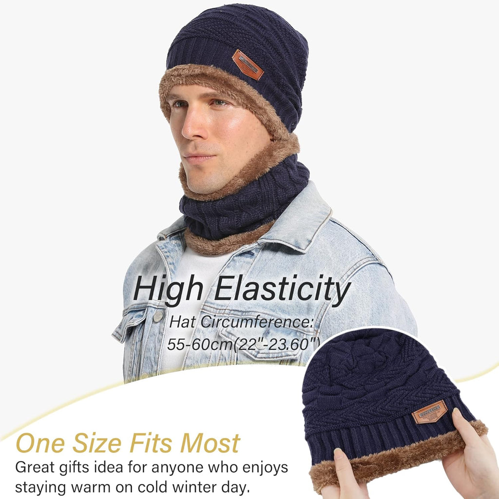 Men's Winter Beanie and Scarf Set - Warm Knit Thick Fleece Lined Skull Cap and Neck Warmer for Men and Women