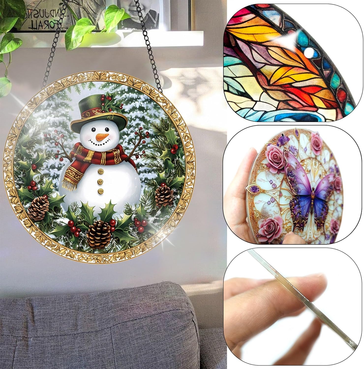 Colorful Acrylic Suncatcher, Christmas Hanging Window Decor with Printed Stained Glass Style Design Sun Catcher, Rainbow Maker Wall Art, Gift Idea & Garden Ornament Indoor Outdoor Use 7.8 X 7.8 Inch