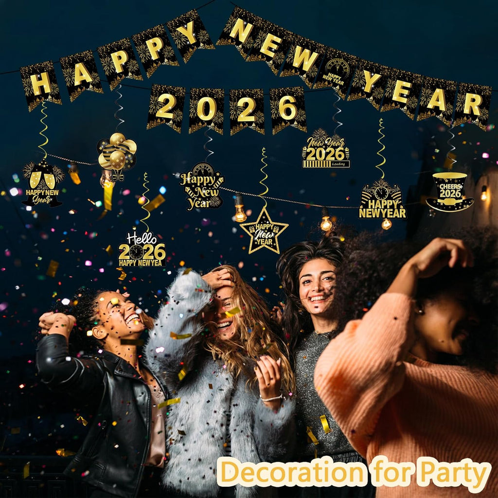 2026 New Year Celebration Banner Set - Black and Gold Glitter Hanging Decorations with Swirls for Photo Booth Backgrounds and Party Supplies