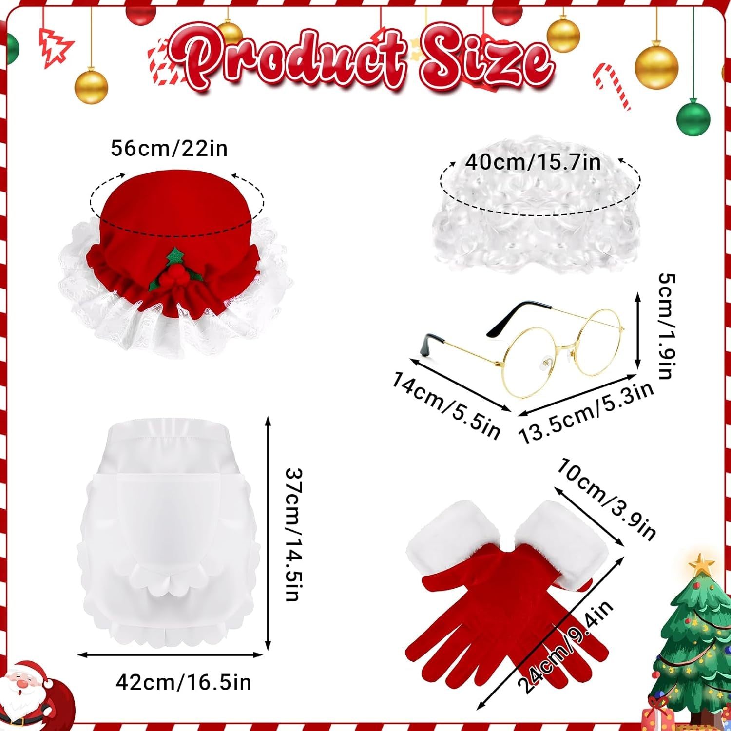 Mrs. Claus Costume Set for Women - 5 Pieces Including Red Christmas Hat, Apron, White Wig, Glasses, and Red Gloves for Holiday Parties and Cosplay