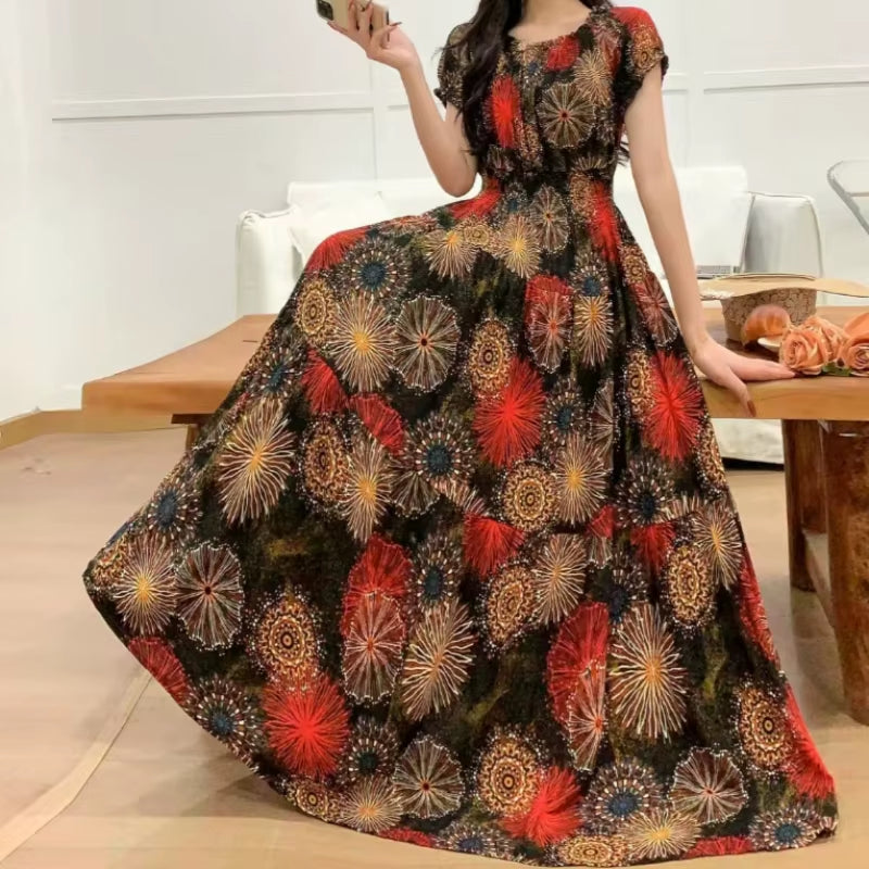 Summer Dress Women Cotton Linen Floral Vintage Oversized Korean Vestido Feminino Print Robe Off-Shoulder Casual Dresses