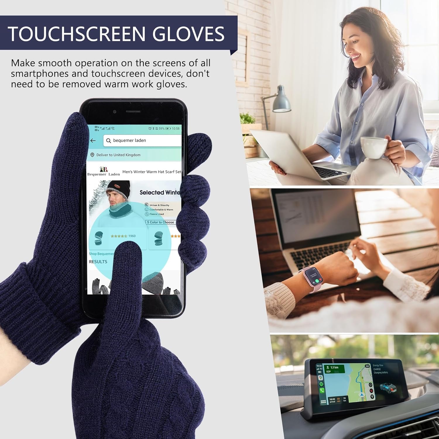 Women's Thermal Knit Touch Screen Gloves with Elastic Cuff for Cold Weather Gifts