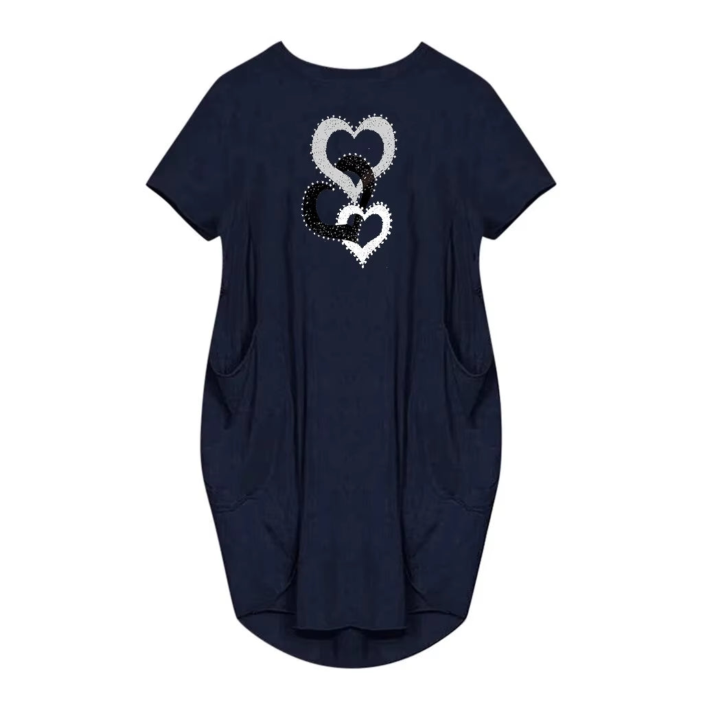 Women'S Heart-Shaped Printed Pocket Dress, Casual round Neck Short Sleeved Dress for Spring and Summer Women'S Wear