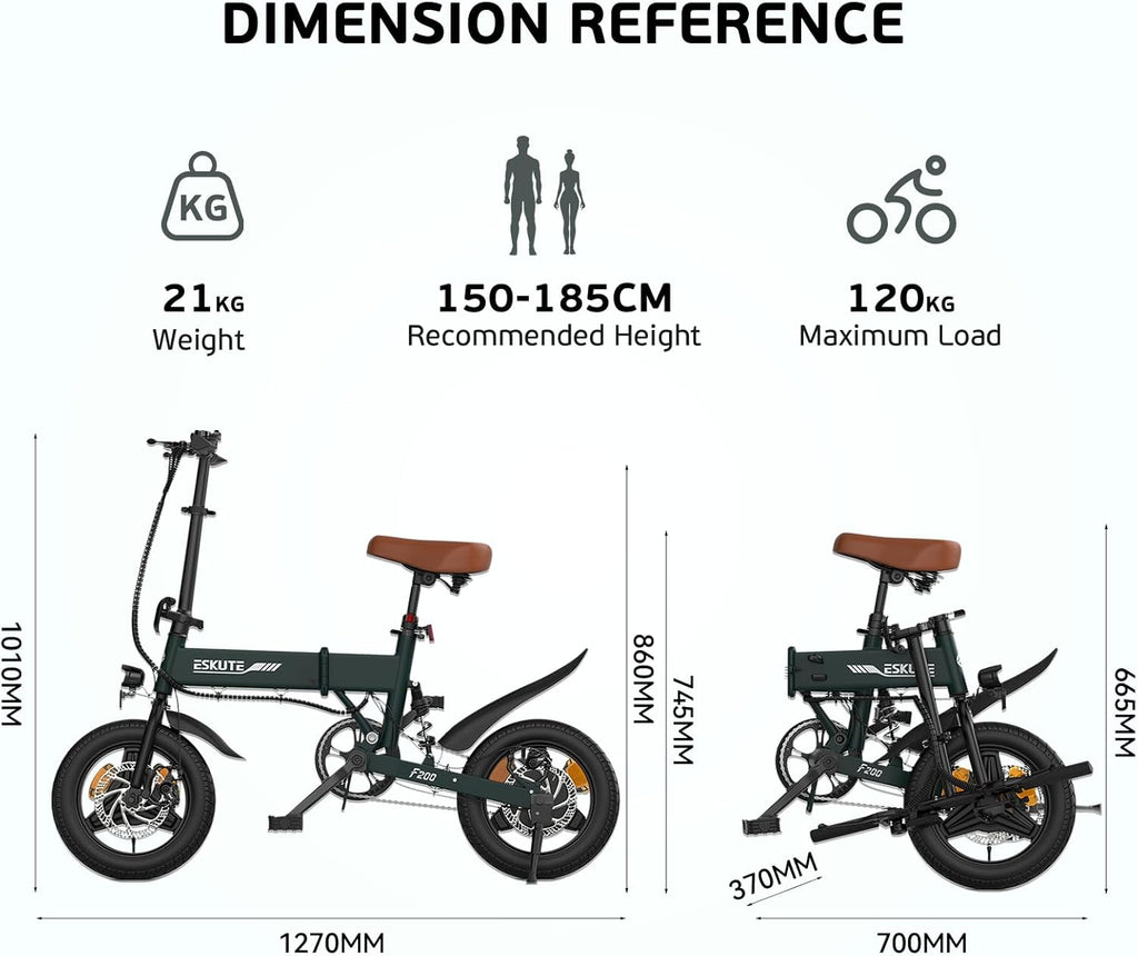 F200 Electric Folding Bicycle - 14" Commuter Ebike with 36V 7.8Ah Battery, 30-Mile Range, Phone Holder, USB Port, and LCD Display, Ideal for Teens and Adults
