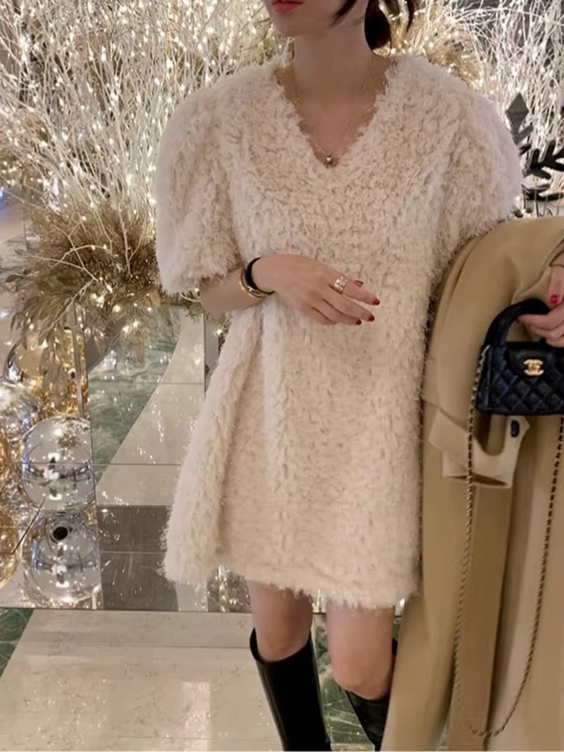 Chic Autumn Winter Soft Sle V-Ne Fluffy Loose Casual Color Ort Sve Dr Skirt Women'S Faion Commute