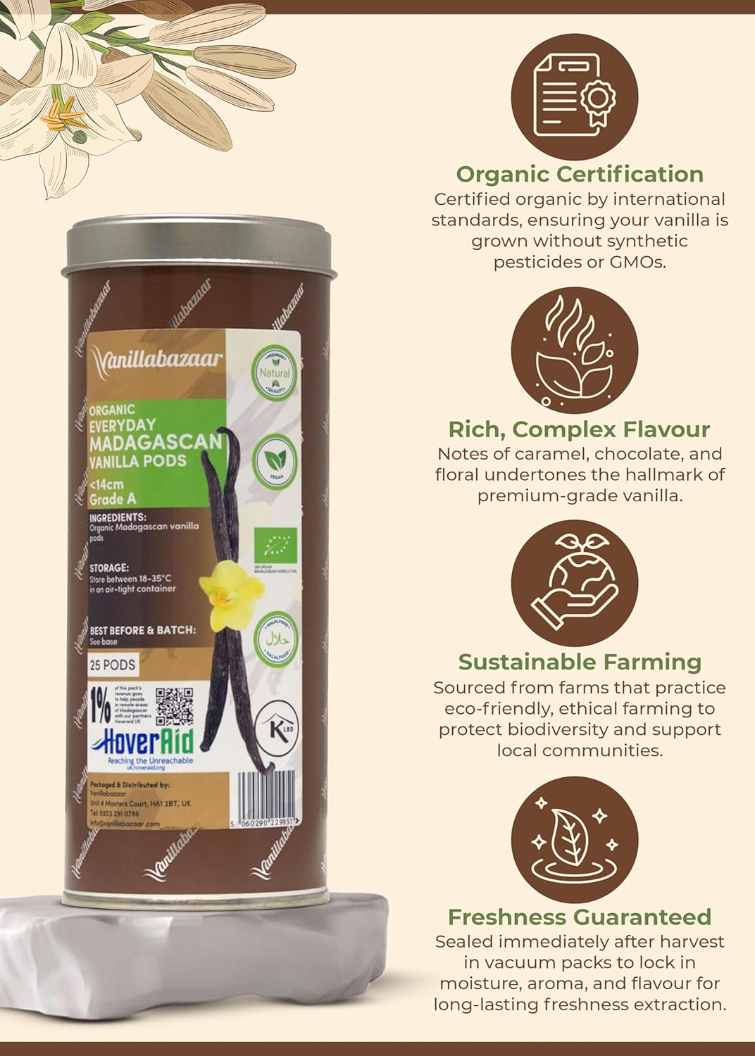 Organic Everyday Premium Madagascan Vanilla Pods | Grade a Vanilla Beans in Airtight Tin | Gourmet Sticks for Baking (25 Pods, 11-14Cm) | 5 X 5 Vacuum Packs inside |