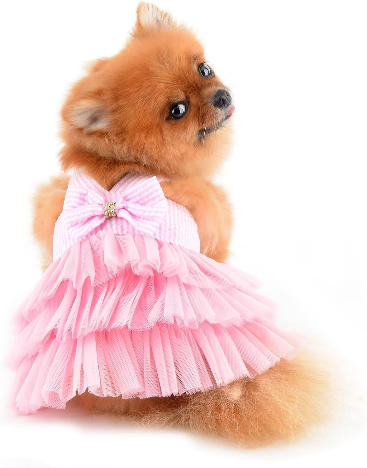 Small Dog Dress Striped Denim Organza Bow Beads Tutu Skirt Summer Soft Comfortable Breathable Puppy Clothes Sleeveless Button Kitten Apparel, Pink, XS