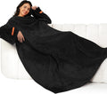 Wearable Blanket with Sleeves for Adults, Soft and Cozy Design with Elastic Cuffs and Hook and Loop Fastener (Black, 140x180cm)
