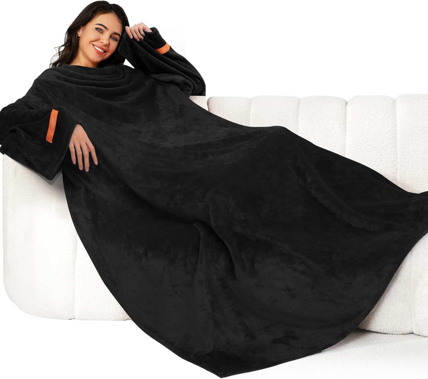 Wearable Blanket with Sleeves for Adults, Soft and Cozy Design with Elastic Cuffs and Hook and Loop Fastener (Black, 140x180cm)