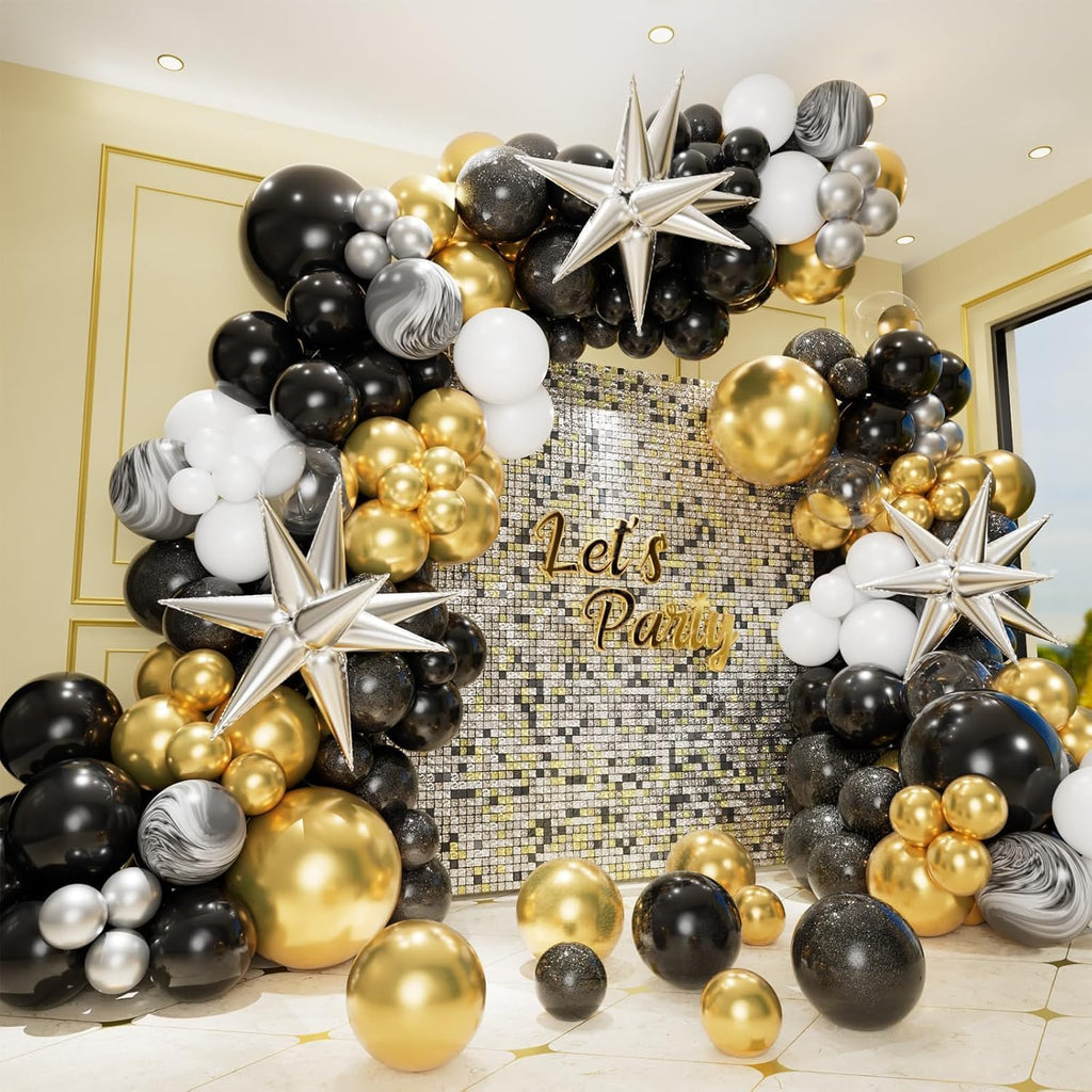 Elegant Black and Gold Balloon Garland Arch Kit with Star Foil Balloons for New Year's Eve, Graduation, Anniversary, and Birthday Celebrations