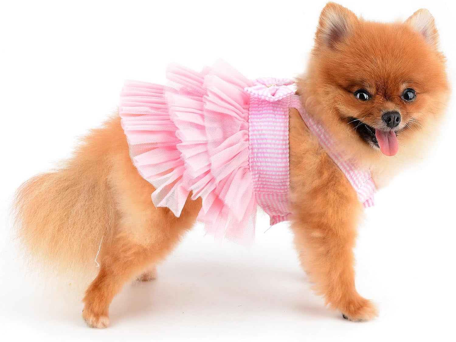 Small Dog Dress Striped Denim Organza Bow Beads Tutu Skirt Summer Soft Comfortable Breathable Puppy Clothes Sleeveless Button Kitten Apparel, Pink, XS