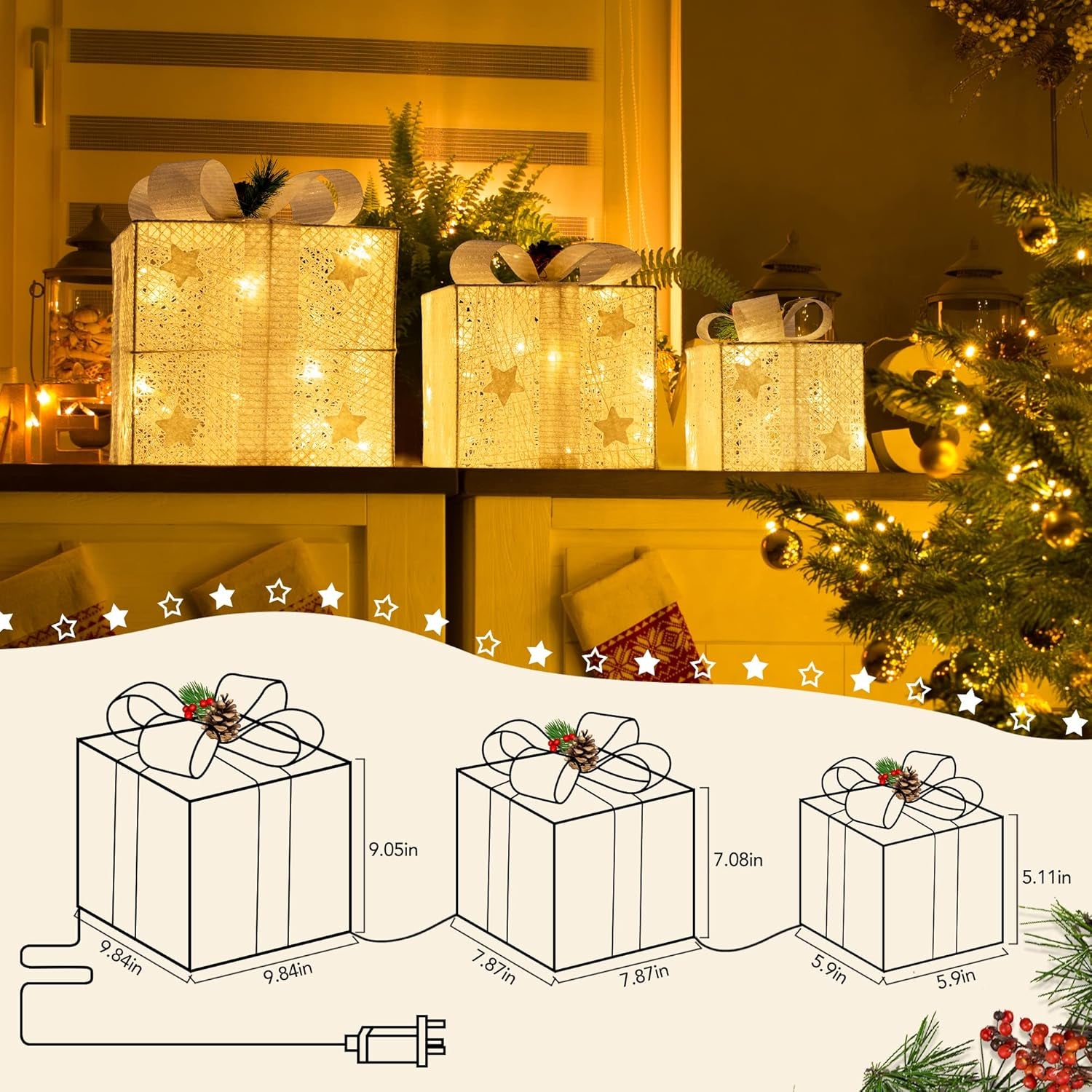 Set of 3 Christmas Lighted Gift Boxes, 60 LED Light up Present Boxes, 8 Modes Christmas Parcels Lights with Bow for Party, Home, Tree Decoration (White)