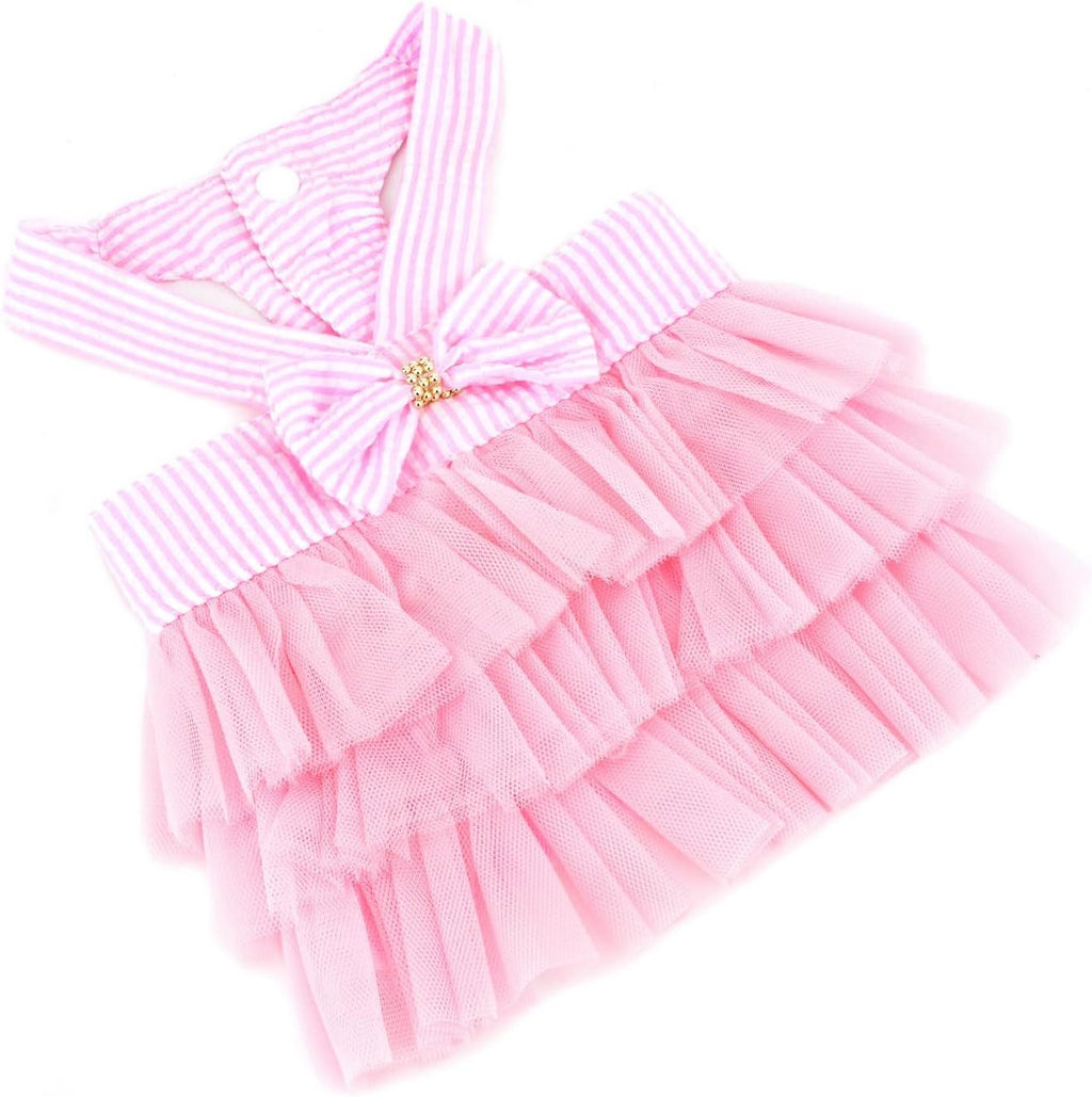 Small Dog Dress Striped Denim Organza Bow Beads Tutu Skirt Summer Soft Comfortable Breathable Puppy Clothes Sleeveless Button Kitten Apparel, Pink, XS
