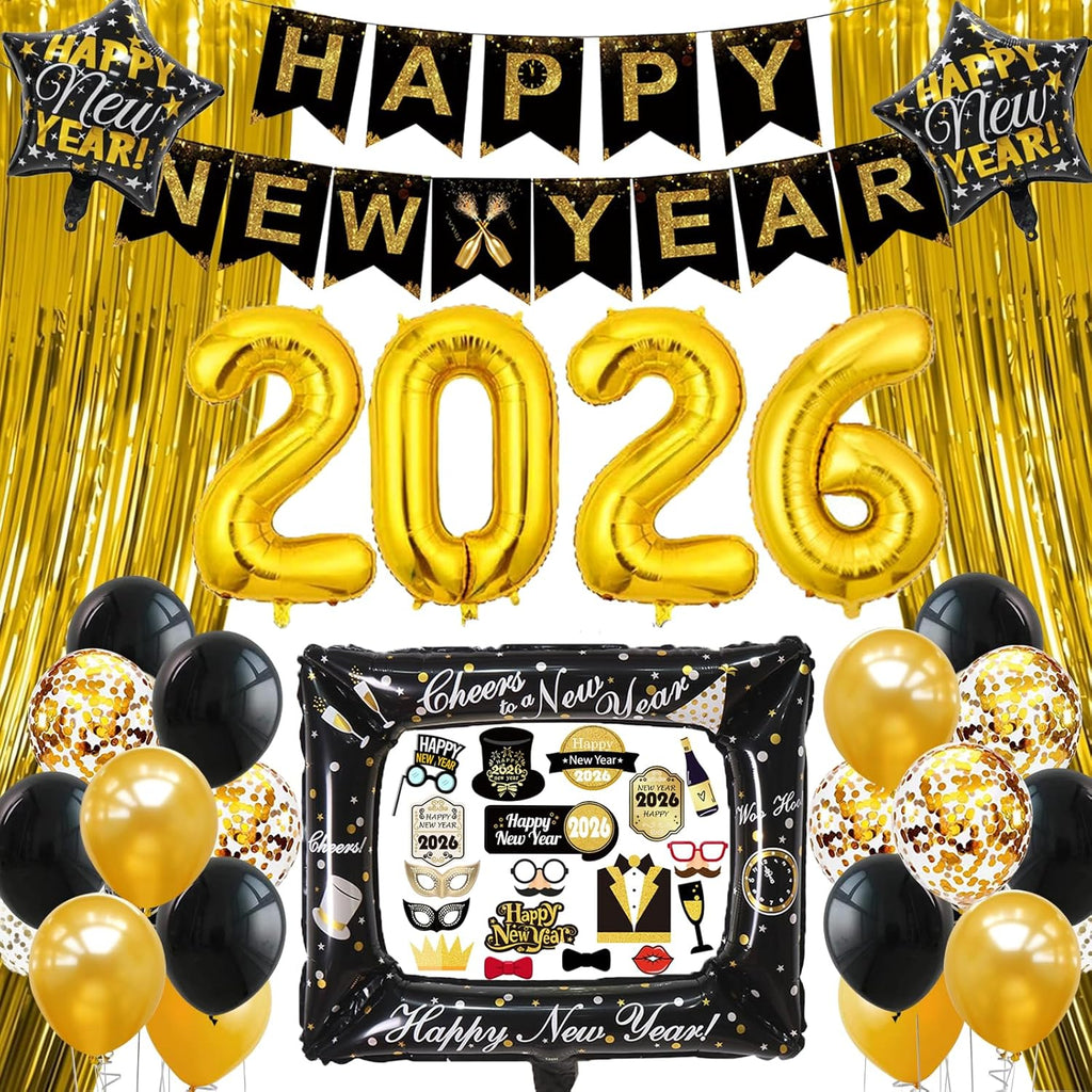 2026 New Year's Eve Celebration Decorations: Elegant Party Banners, Foil Balloons, and Photo Booth Props in Black and Gold