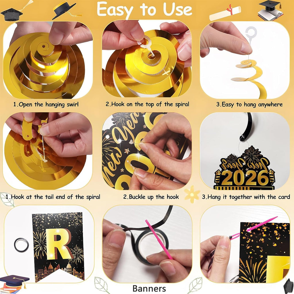 2026 New Year Celebration Banner Set - Black and Gold Glitter Hanging Decorations with Swirls for Photo Booth Backgrounds and Party Supplies