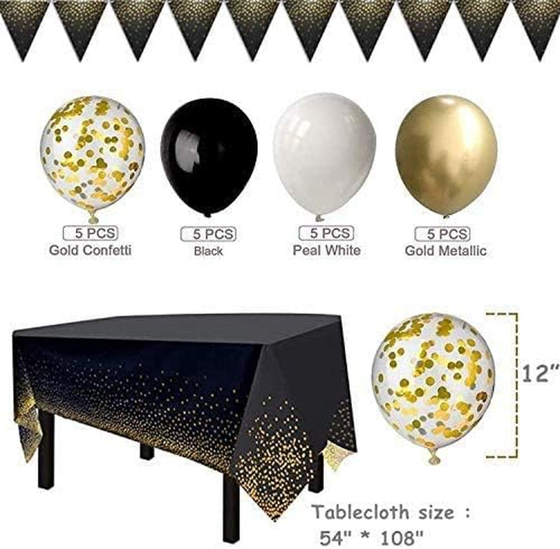 142-Piece Black and Gold Party Supplies Set, Featuring Golden Dot Dinnerware, Includes Black Paper Plates, Napkins, Cups, and Gold Cutlery for Graduation, Birthdays, and Cocktail Events