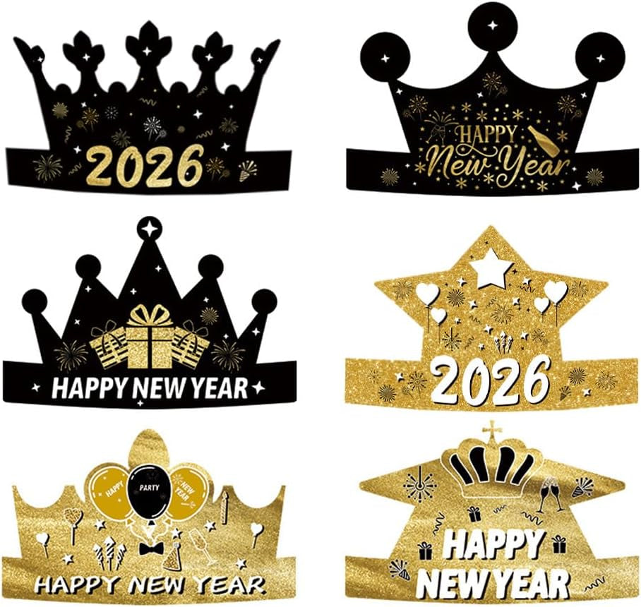 6-Piece Set of 2026 Happy New Year's Eve Hats - Black and Gold Paper Crown Party Headwear for Celebrations and Photo Props