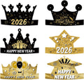 6-Piece Set of 2026 Happy New Year's Eve Hats - Black and Gold Paper Crown Party Headwear for Celebrations and Photo Props