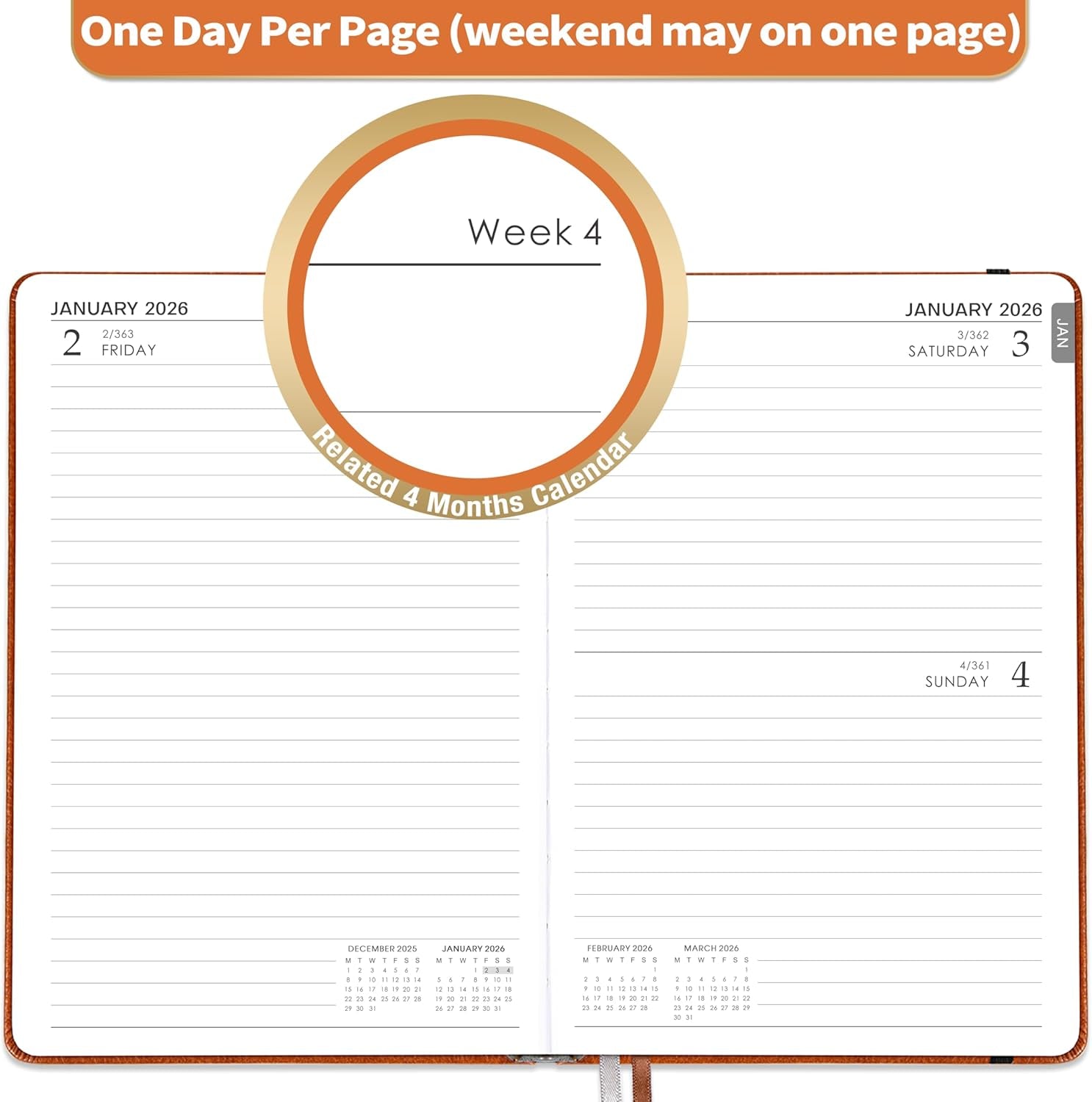 2026 A5 Daily Diary - Lined Page Per Day, January to December, Faux Leather Hardcover with Pen Loop and Elastic Closure, Brown