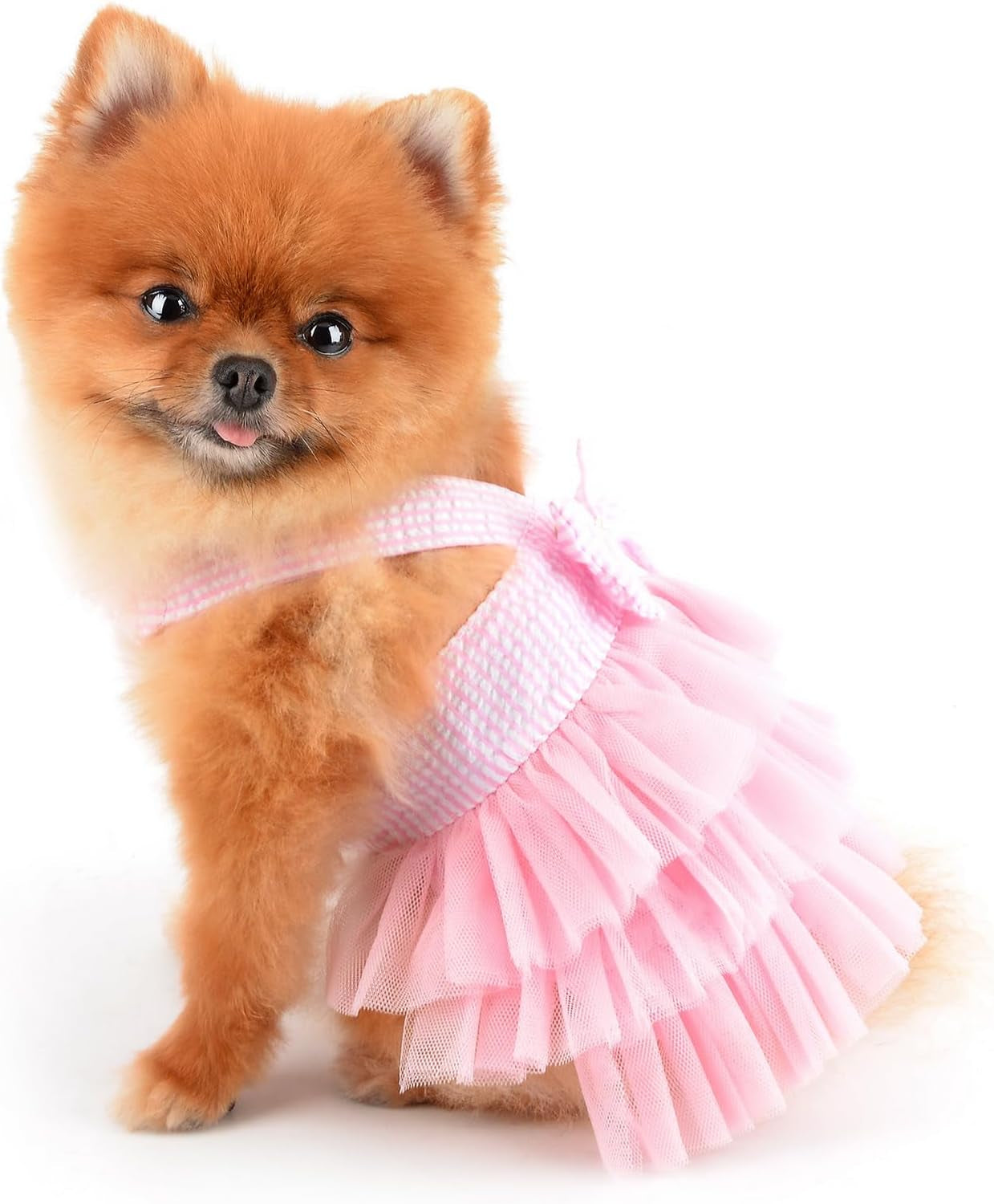 Small Dog Dress Striped Denim Organza Bow Beads Tutu Skirt Summer Soft Comfortable Breathable Puppy Clothes Sleeveless Button Kitten Apparel, Pink, XS