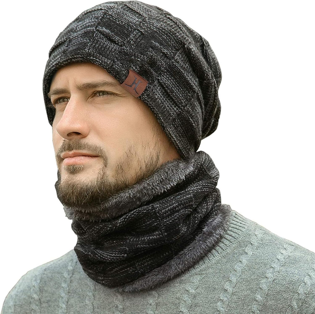 Men's Winter Beanie and Scarf Set - Warm Knit Skull Cap and Fleece-Lined Neck Warmer, Ideal Gift for Him and Her