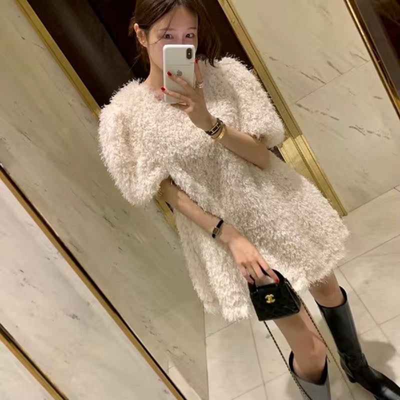 Chic Autumn Winter Soft Sle V-Ne Fluffy Loose Casual Color Ort Sve Dr Skirt Women'S Faion Commute