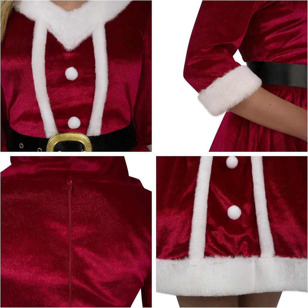Women's Mrs. Claus Christmas Costume Set with Hooded Dress and Belt