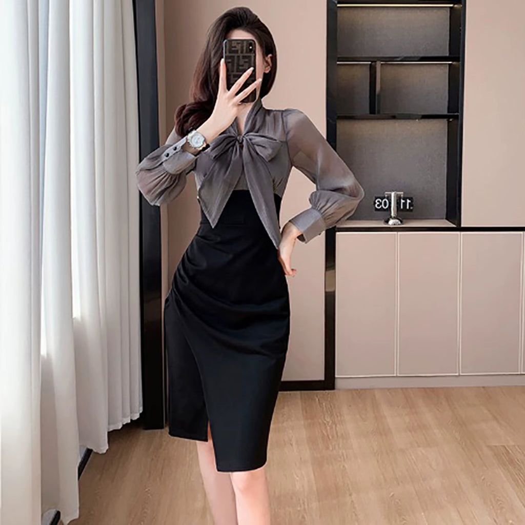 Elegant Midi Knot Wrap Bodycon Skirt with Pleated A-Line Design in Polyester Fiber for Autumn Wear