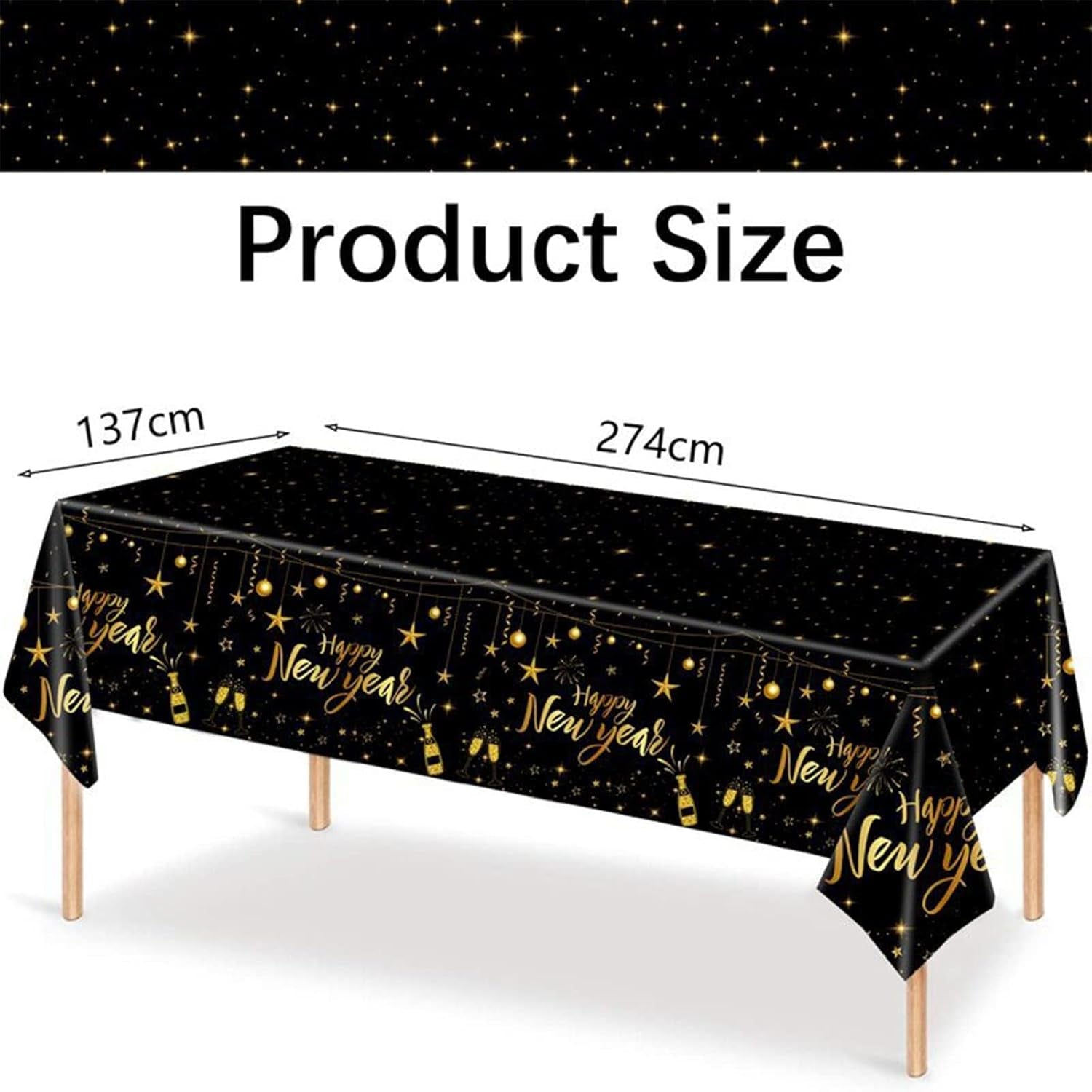 2026 New Year's Eve Black and Gold Rectangular Disposable Tablecloth - 137 x 274 cm Party Supplies