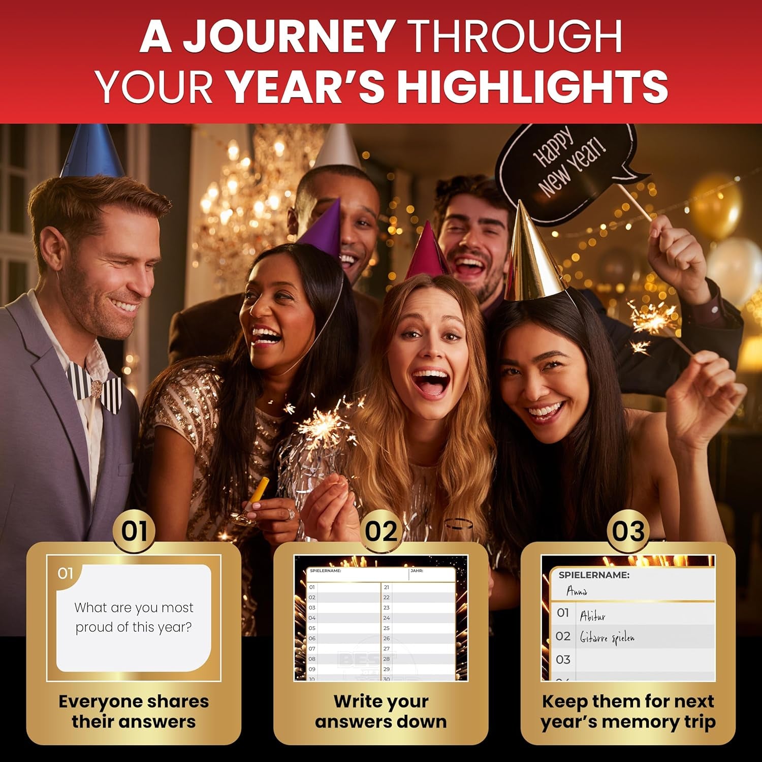 New Year's Eve Celebration Game - Reflect on Your Year’s Highlights, Engaging Party Activity for Adults and Kids, Suitable for 1-10 Players, Ages 6 and Up