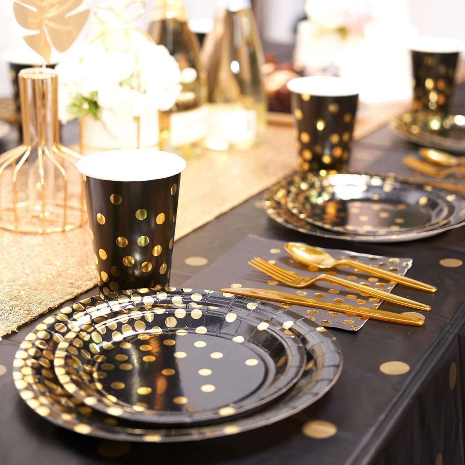 142-Piece Black and Gold Party Supplies Set, Featuring Golden Dot Dinnerware, Includes Black Paper Plates, Napkins, Cups, and Gold Cutlery for Graduation, Birthdays, and Cocktail Events