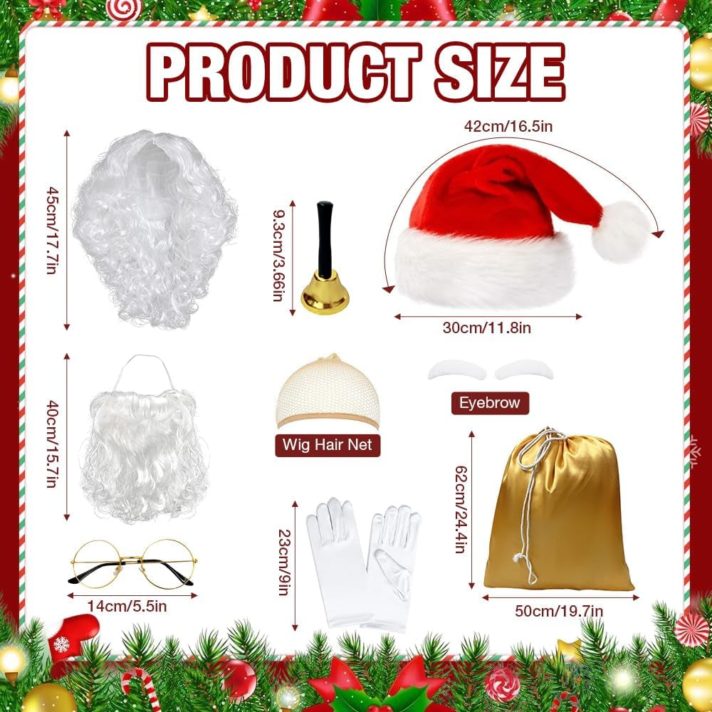 Santa Claus Costume Accessories, 8 PCS Father Christmas Fancy Dress, Father Christmas Costum with Hat Wig Beard Gloves Glasses Eyebrows Santa Sack Bell, Christma-S Santa Costume Set for Christma-S