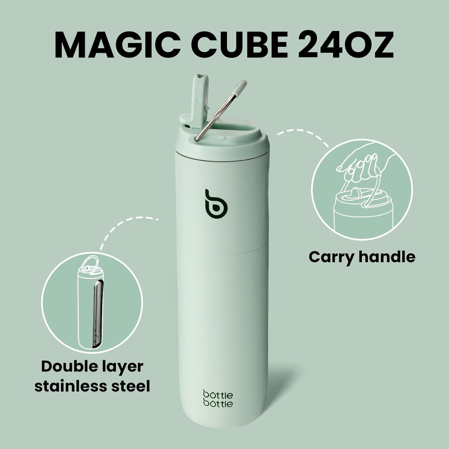 Bottle Bottle Stainless Steel Water Bottle 700Ml with Straw and Lid Sports Insulated Metal Water Bottles with Handle(Light Green)