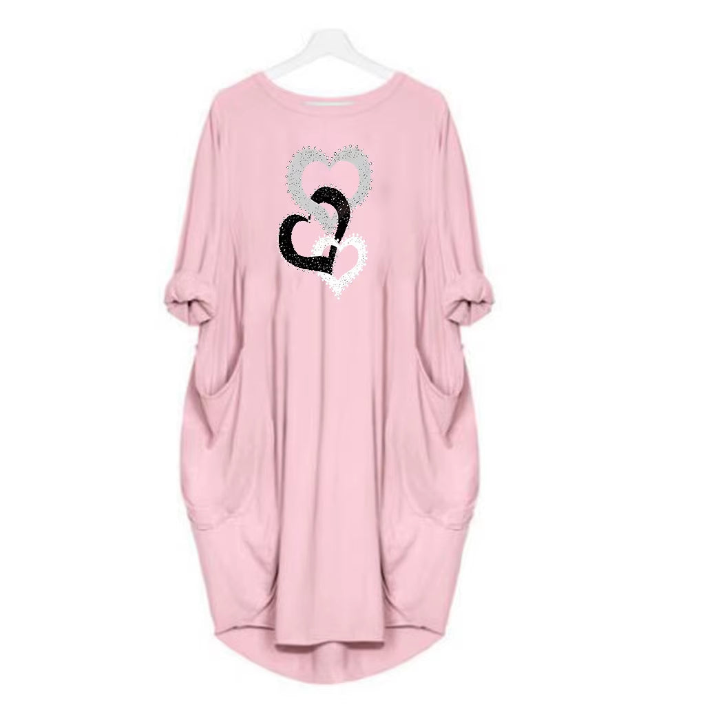 Women'S Heart-Shaped Printed Pocket Dress, Casual round Neck Short Sleeved Dress for Spring and Summer Women'S Wear