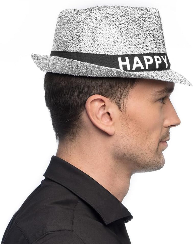 - Hut Happy New Year Mit Glitzer, Funkelnder Fedora Für Silvester, Hutband Mit Schrift, Neujahr