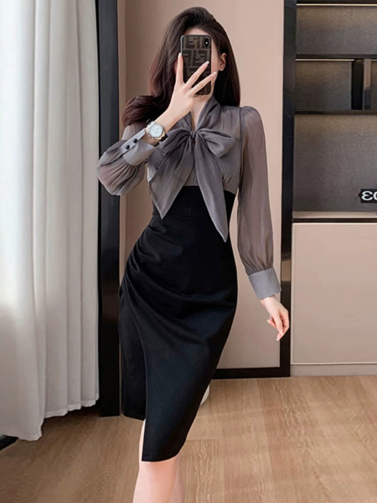 Elegant Midi Knot Wrap Bodycon Skirt with Pleated A-Line Design in Polyester Fiber for Autumn Wear