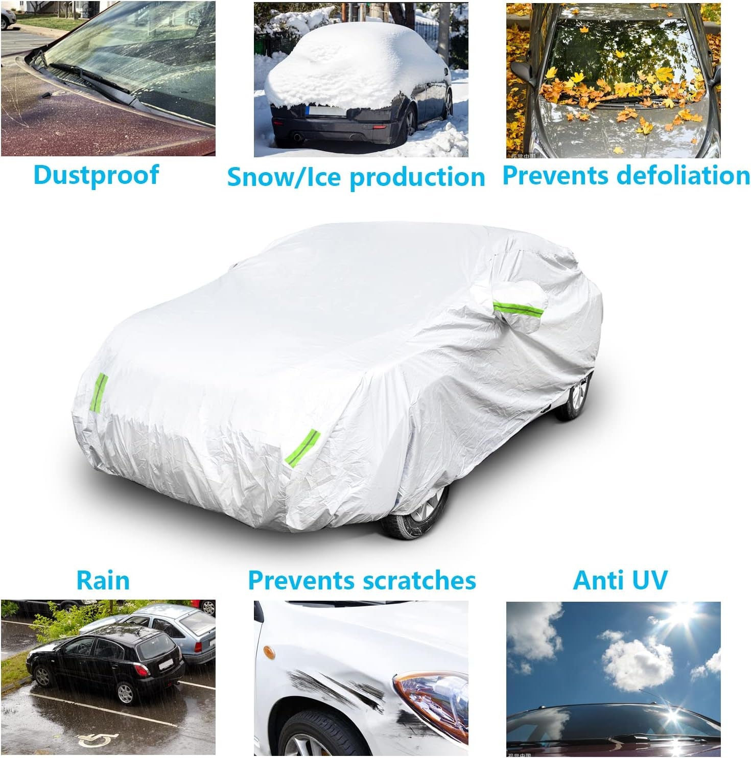 Universal Car Cover 190T Full Waterproof Breathable Scratch Rain Snow Heat Resistant with Mirror Pocket & Reflective Strips (For Sedan 137 to 157 Inch)
