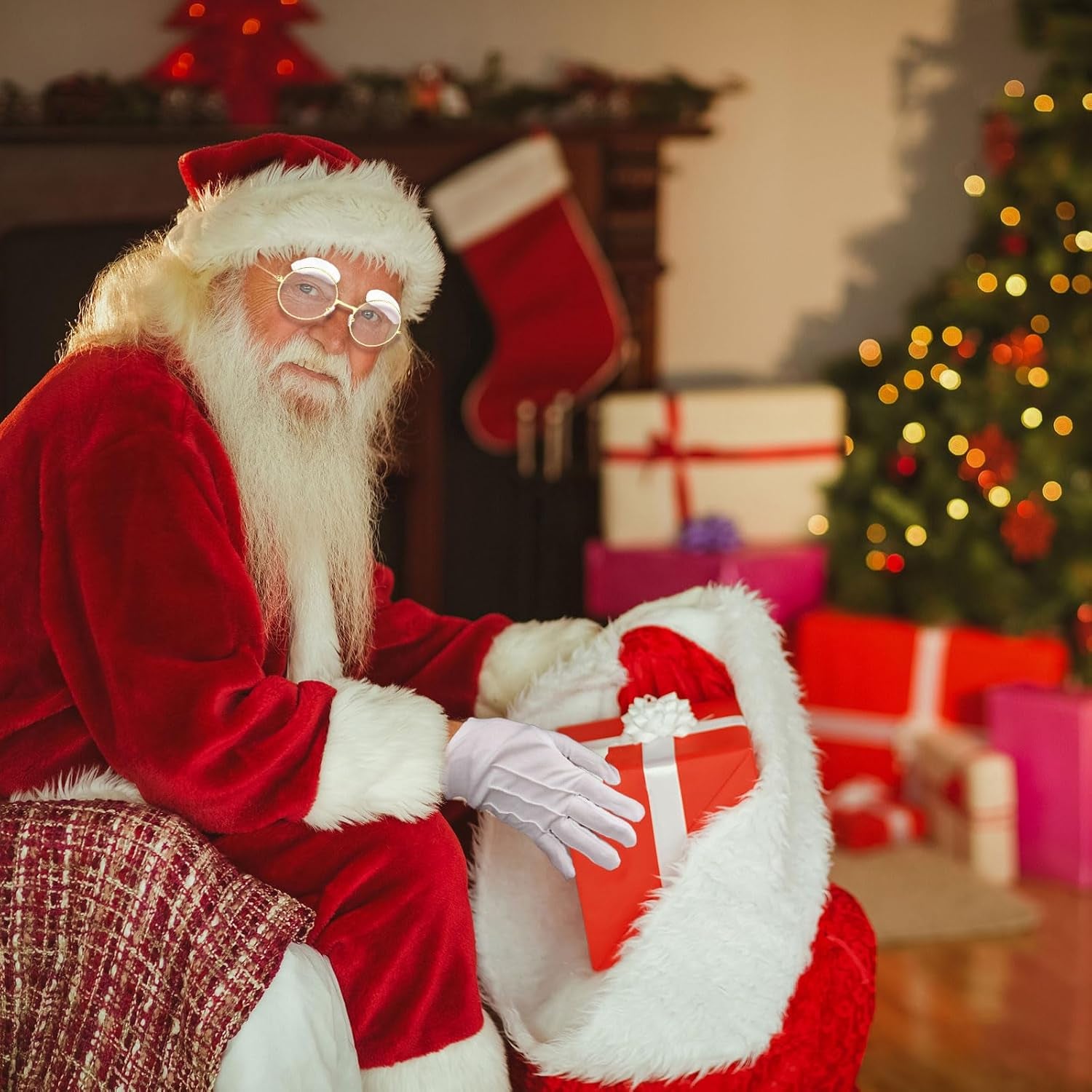 Santa Claus Accessory Set - 3 Piece Eyebrows, Glasses, and Gloves for Christmas Cosplay (White)