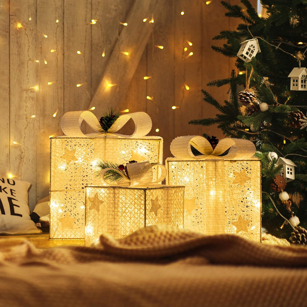 Set of 3 Christmas Lighted Gift Boxes, 60 LED Light up Present Boxes, 8 Modes Christmas Parcels Lights with Bow for Party, Home, Tree Decoration (White)