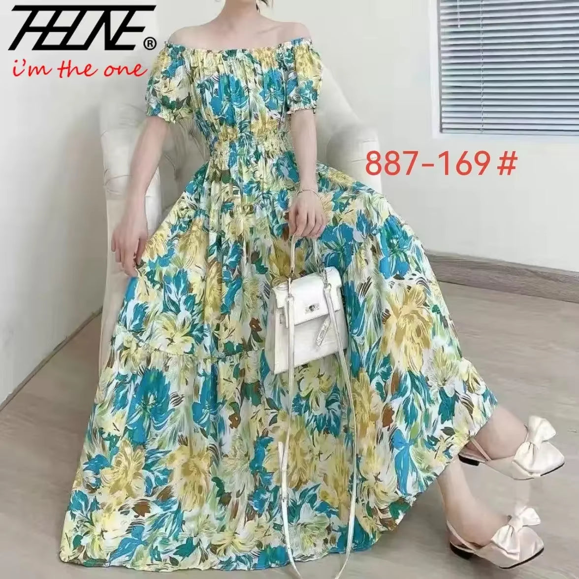 Summer Dress Women Cotton Linen Floral Vintage Oversized Korean Vestido Feminino Print Robe Off-Shoulder Casual Dresses