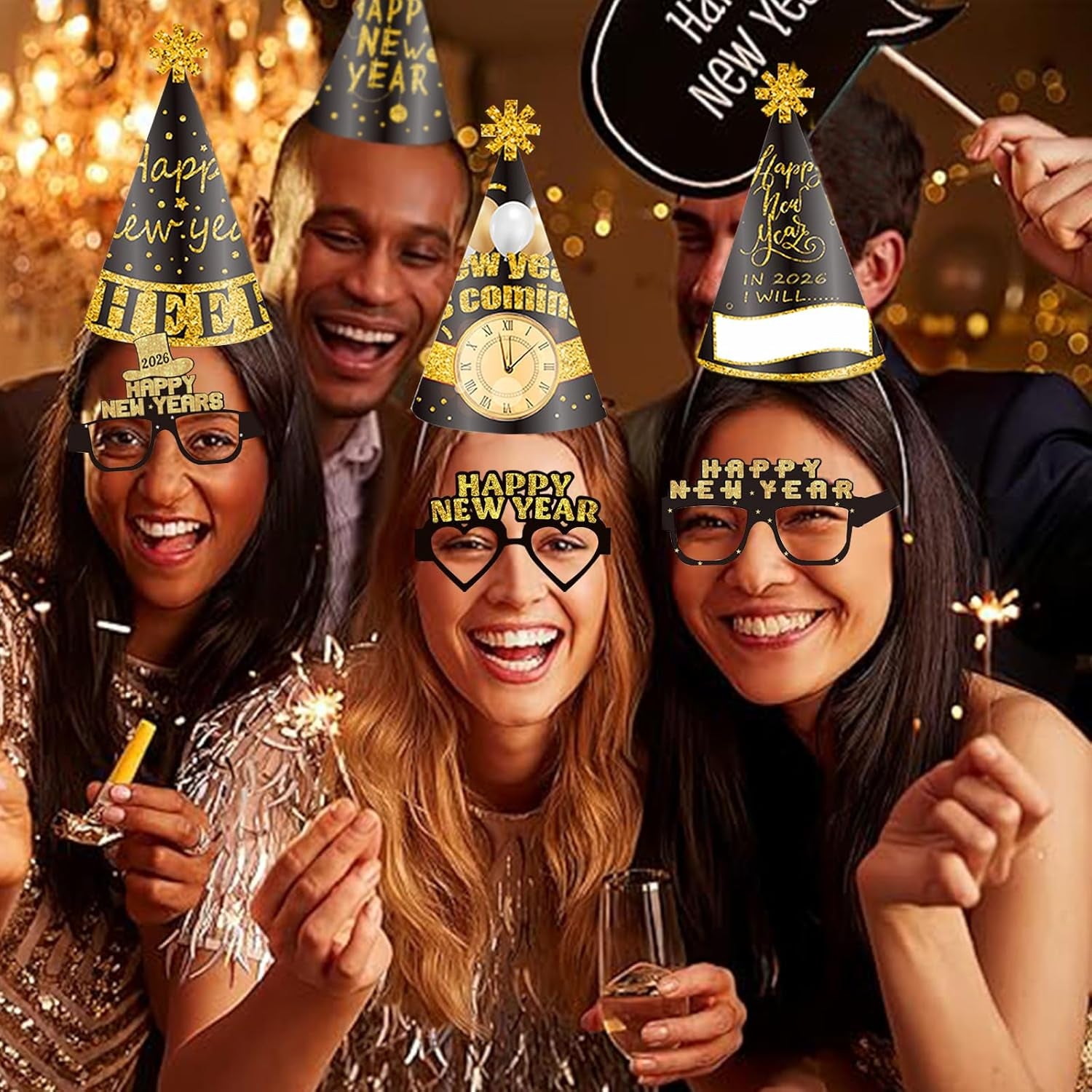 2026 New Year's Eve Party Decorations and Accessories: Hats, Headbands, Photo Booth Props, Paper Eyeglasses, and Blowouts