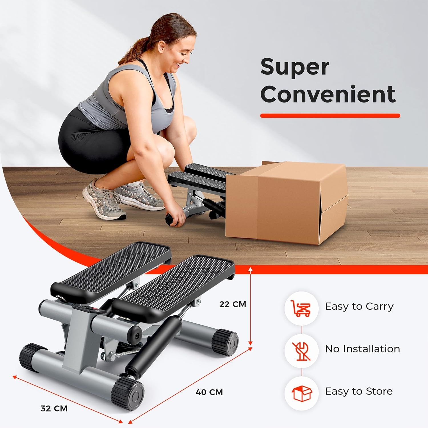 Mini Steppers for Exercise at Home, Stair Step Workout Machine, Full Body Cardio Equipment, with Optional Twist Motion, Resistance Band and Free Sunnyfit App Connection