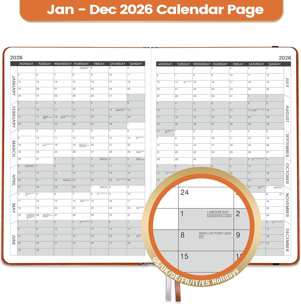 2026 A5 Daily Diary - Lined Page Per Day, January to December, Faux Leather Hardcover with Pen Loop and Elastic Closure, Brown